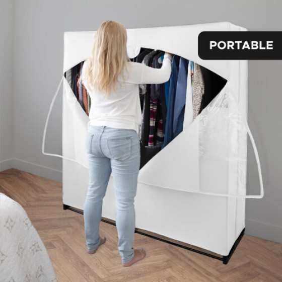 HOLDN STORAGE Large Portable Wardrobe - Premium Heavy-Duty Metal Hanging Rods with White Cover - 50 lbs Load Capacity - Super Easy to Assemble
